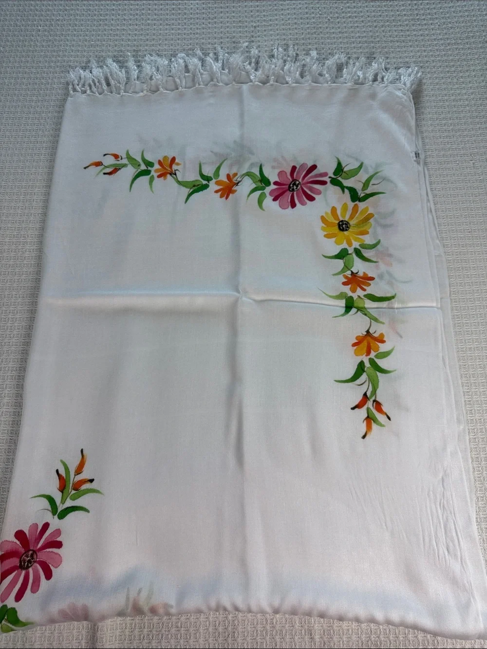 White rayon Spring tablecloth with painted floral print at corners and center